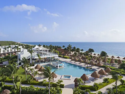 Aerial view of the pool, beach and ocean at Finest Playa Mujeres.