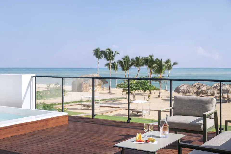 Ocean-view terrace with plunge pool and seating at Finest Punta Cana.