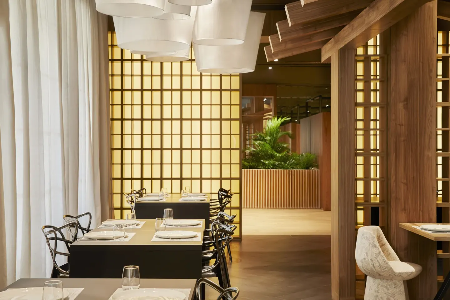 Japanese-inspired dining room with wood screens at Finest Punta Cana.