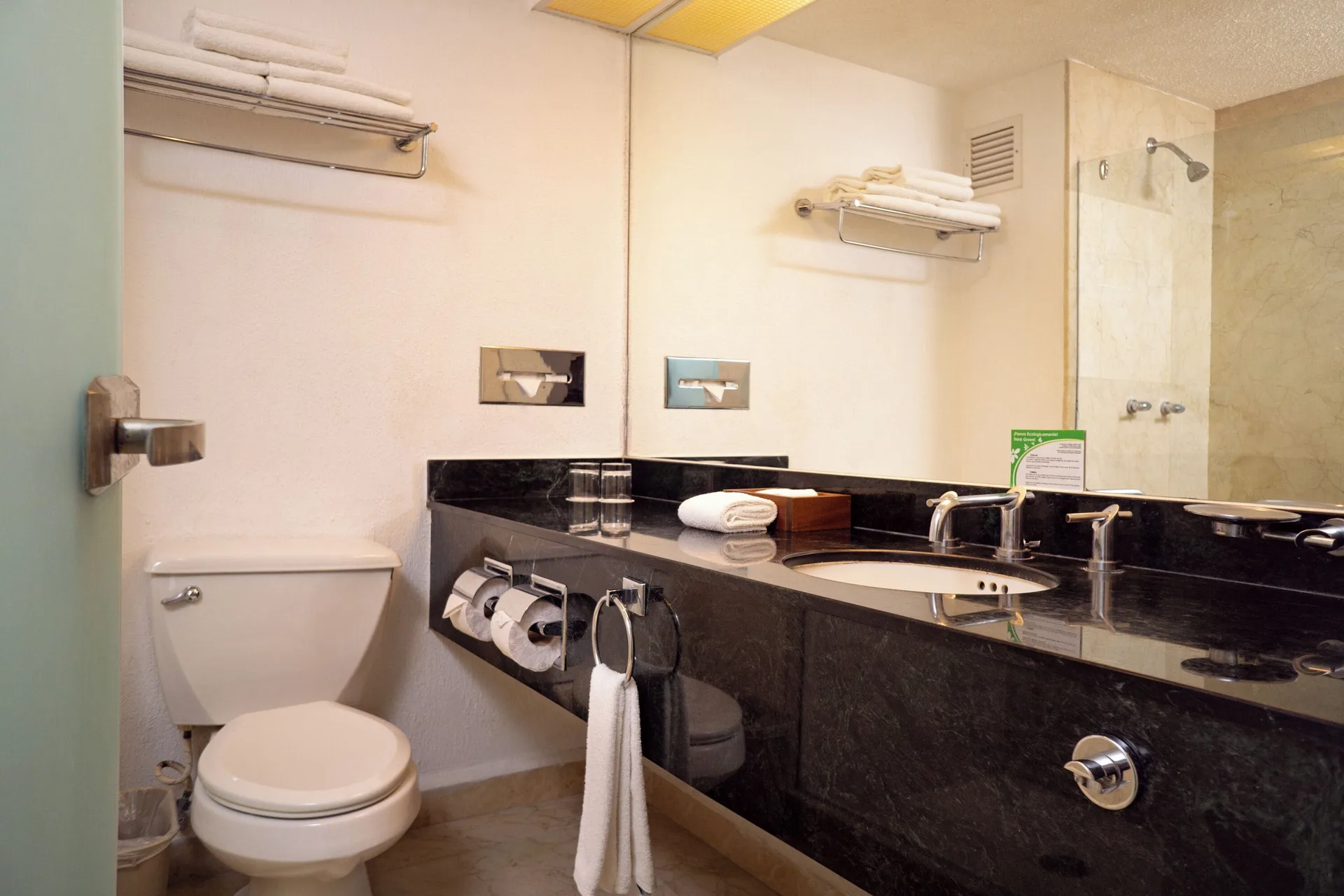 Standard Room Lagoon View bathroom with black vanity and shower at Flamingo Cancun.