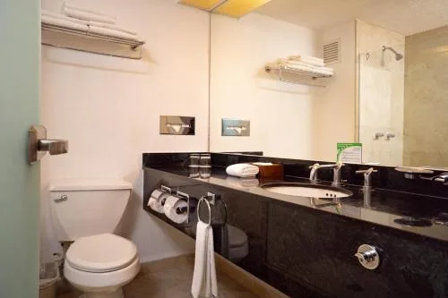 Standard room bathroom with toilet, black vanity and mirror at Flamingo Cancun.