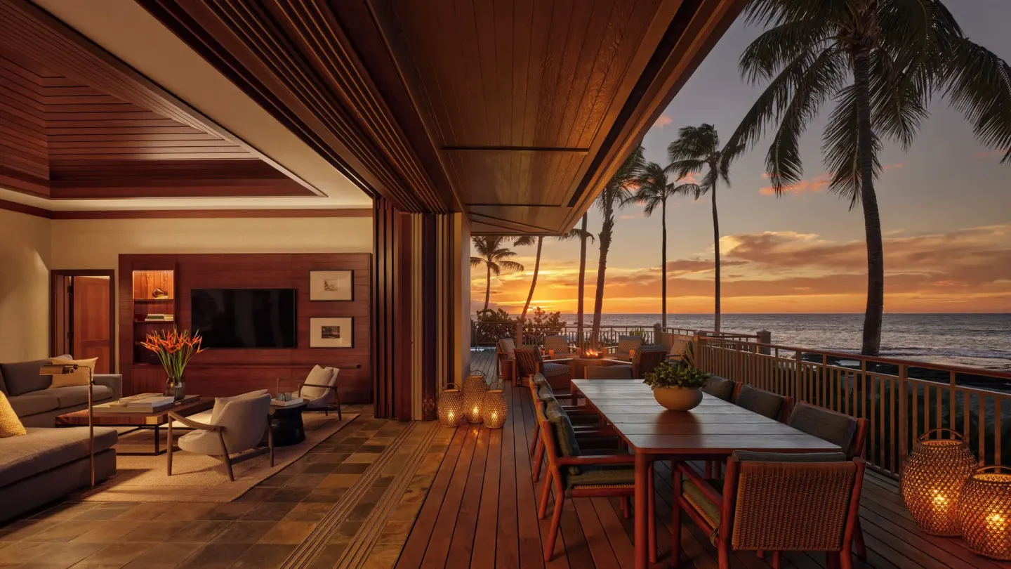 Oceanfront suite lanai at sunset at Four Seasons Resort Hualalai.