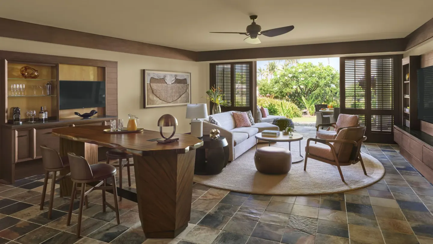 Ohana family suite lounge and dining area at Four Seasons Resort Hualalai.