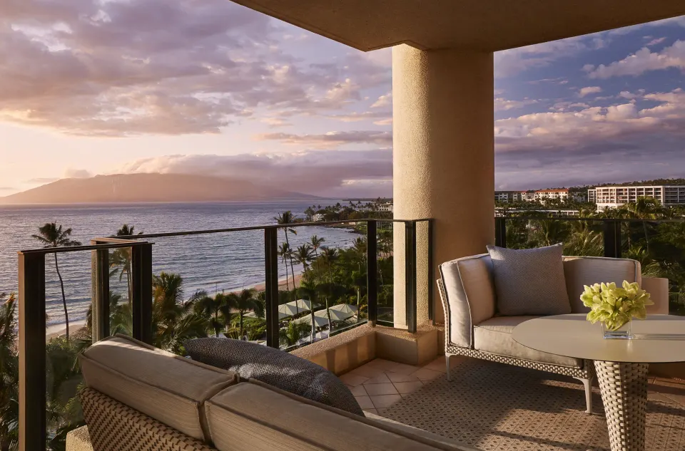 Club Ocean Front One Bedroom Suite lanai at sunset at Four Seasons Resort Maui at Wailea.