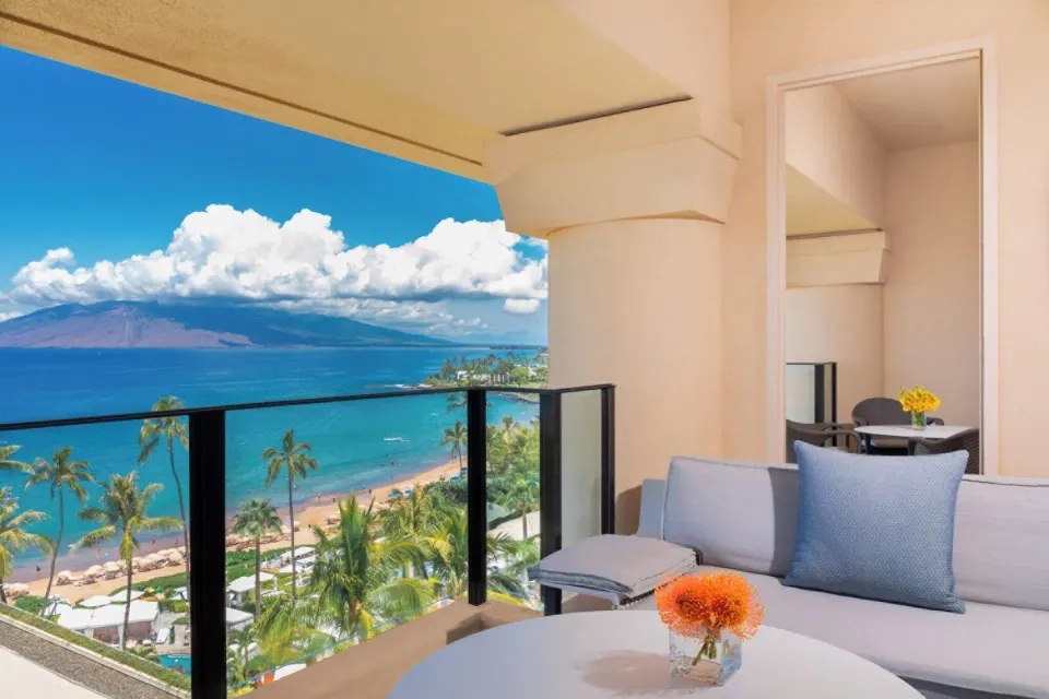 Club Ocean Front One Bedroom Suite balcony with ocean view at Four Seasons Resort Maui at Wailea.