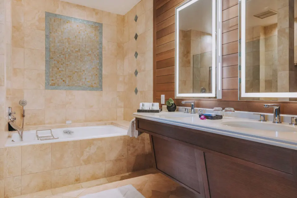 Bathroom in a Club Ocean View Prime Executive Suite Accessible at Four Seasons Resort Maui at Wailea.