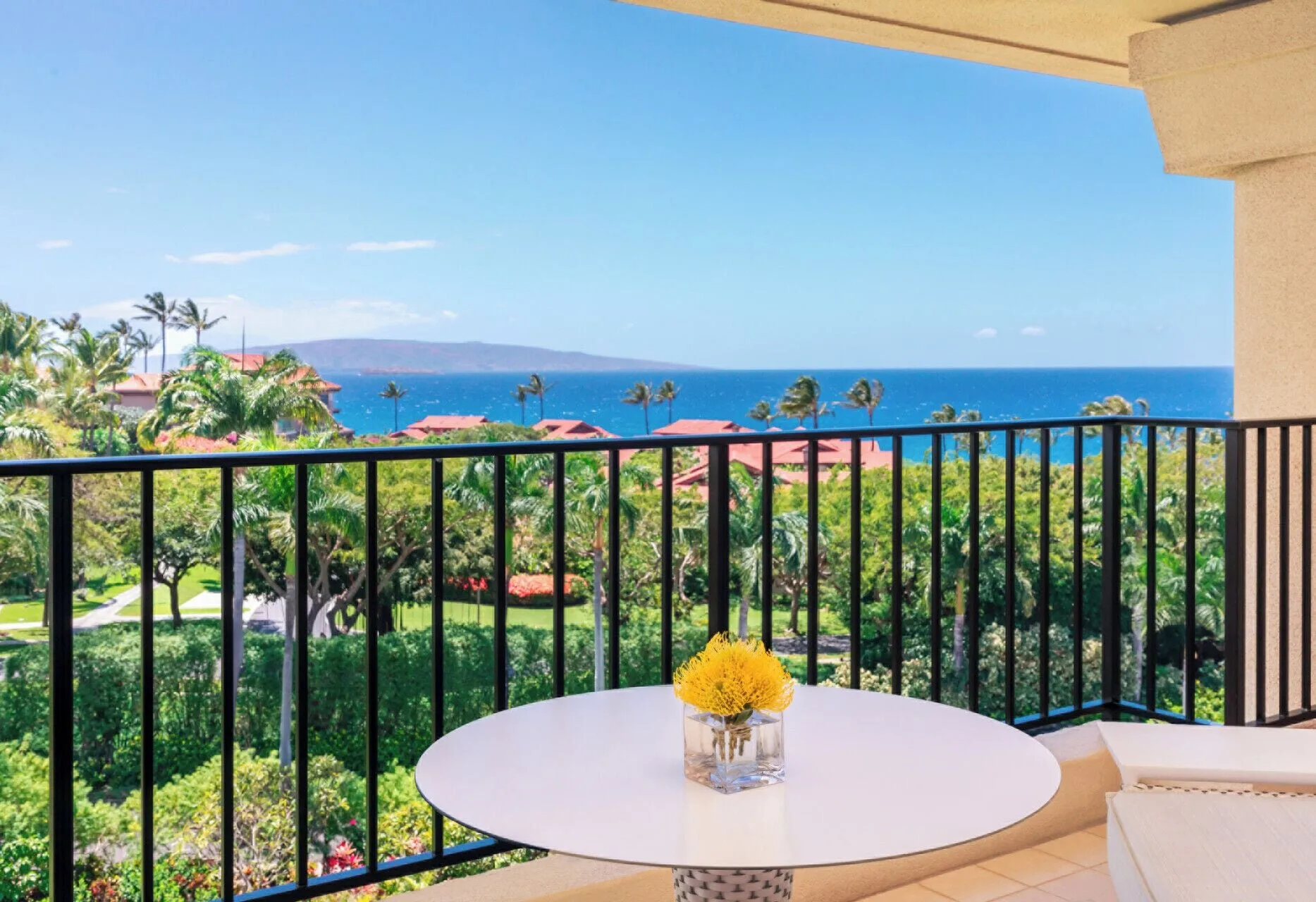 Club Ocean View Room balcony with ocean and garden views at Four Seasons Resort Maui at Wailea.