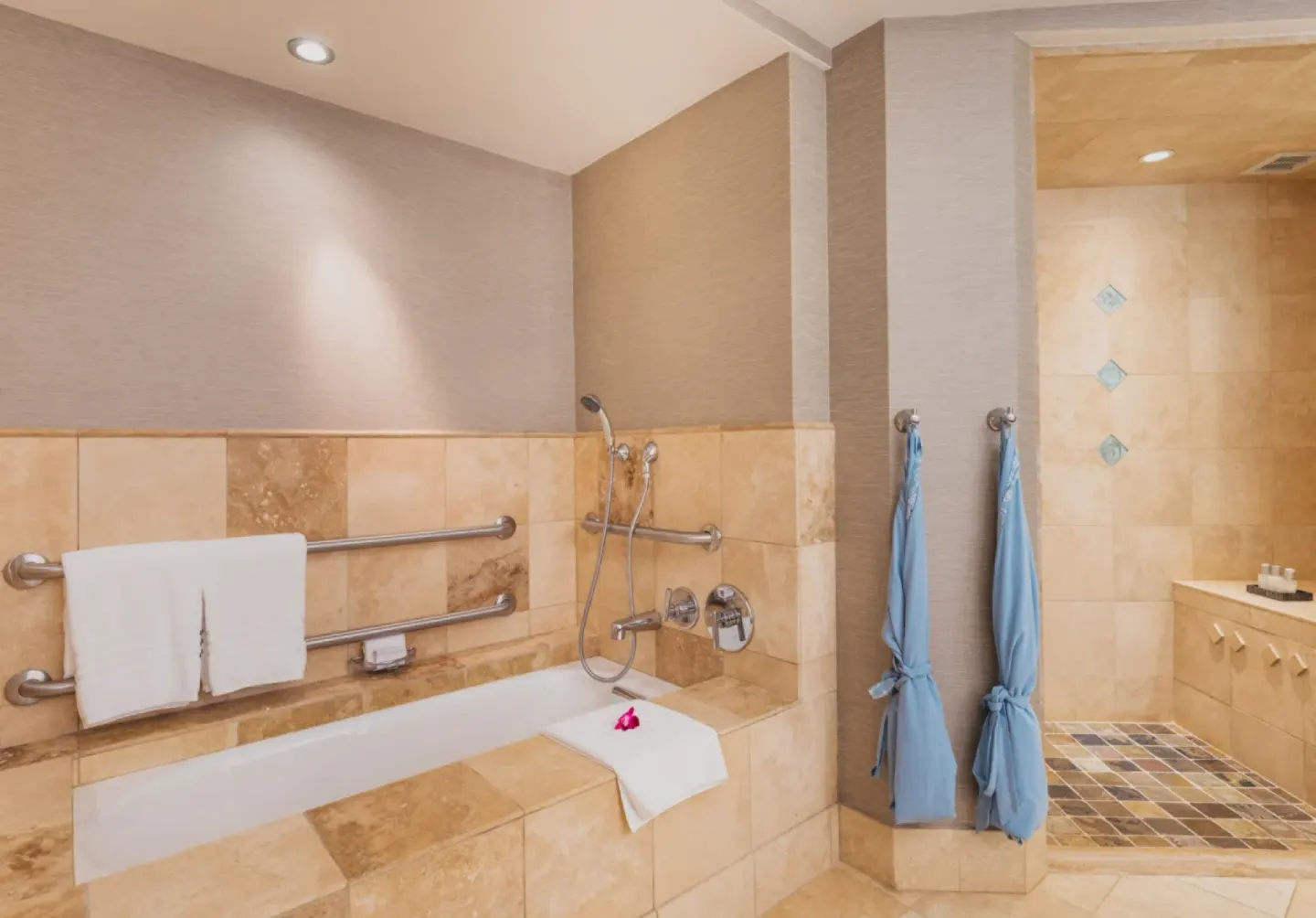 Accessible bathroom in a Deluxe Ocean View Accessible Room at Four Seasons Resort Maui at Wailea.