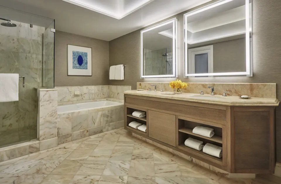 Garden View Executive Suite marble bathroom at Four Seasons Resort Maui at Wailea.