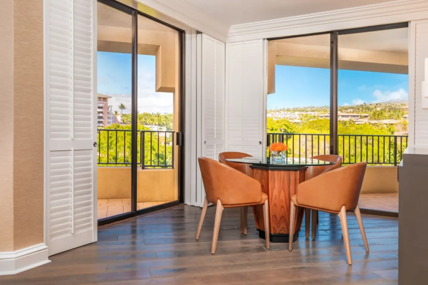 Garden View Executive Suite dining area and balcony at Four Seasons Resort Maui at Wailea.