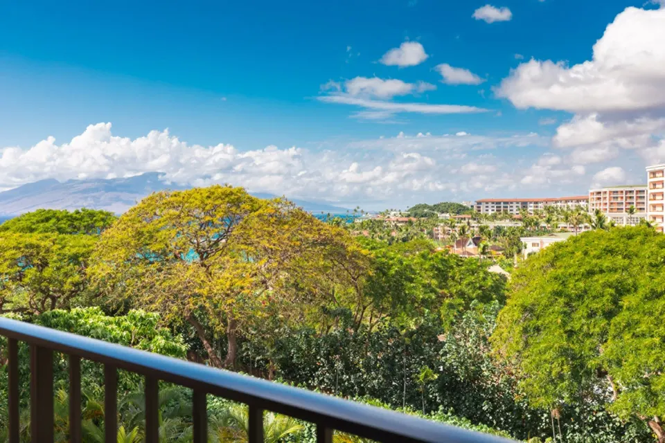 Garden View Room balcony view at Four Seasons Resort Maui at Wailea across trees and resort grounds.