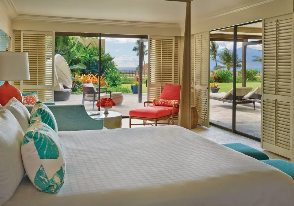 Lokelani Presidential Suite bedroom with two terraces at Four Seasons Resort Maui at Wailea.
