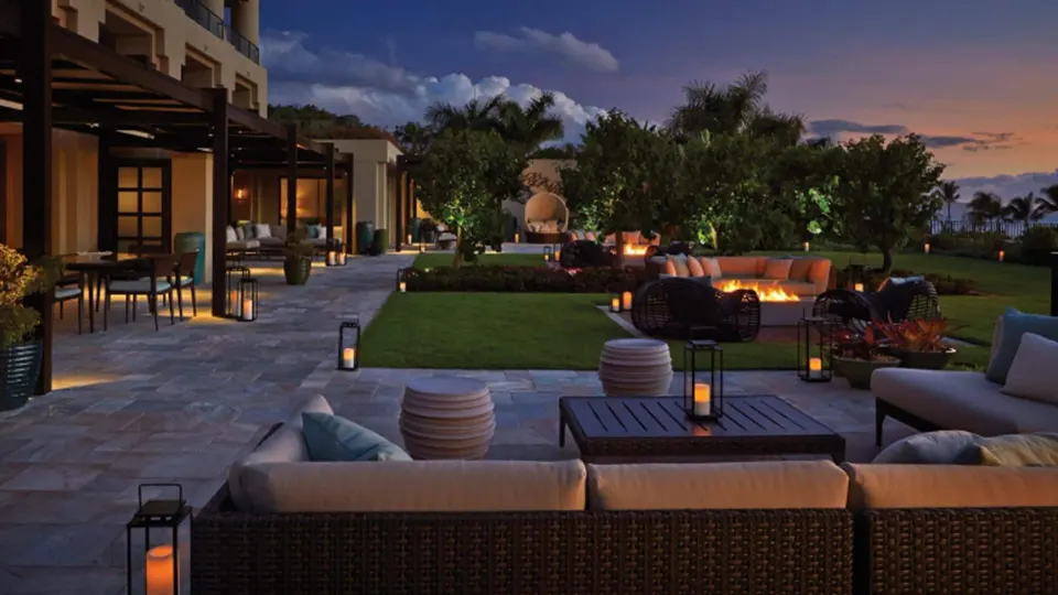 Lokelani Presidential Suite garden terrace at dusk at Four Seasons Resort Maui at Wailea.