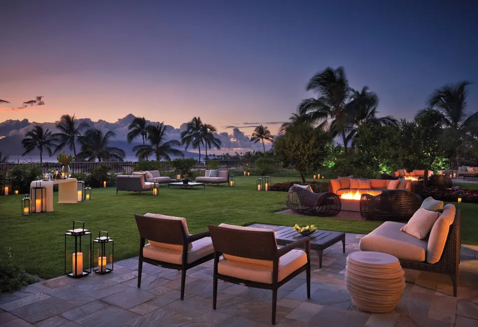 Lokelani Presidential Suite oceanfront terrace at dusk at Four Seasons Resort Maui at Wailea.