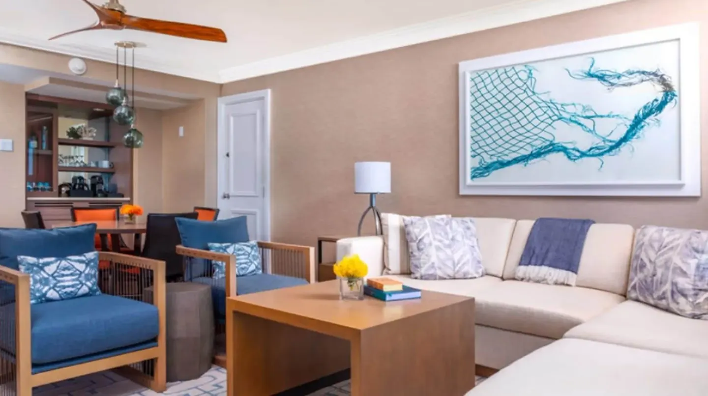 Living room in the Ocean Front Prime One Bedroom Suite at Four Seasons Resort Maui at Wailea.