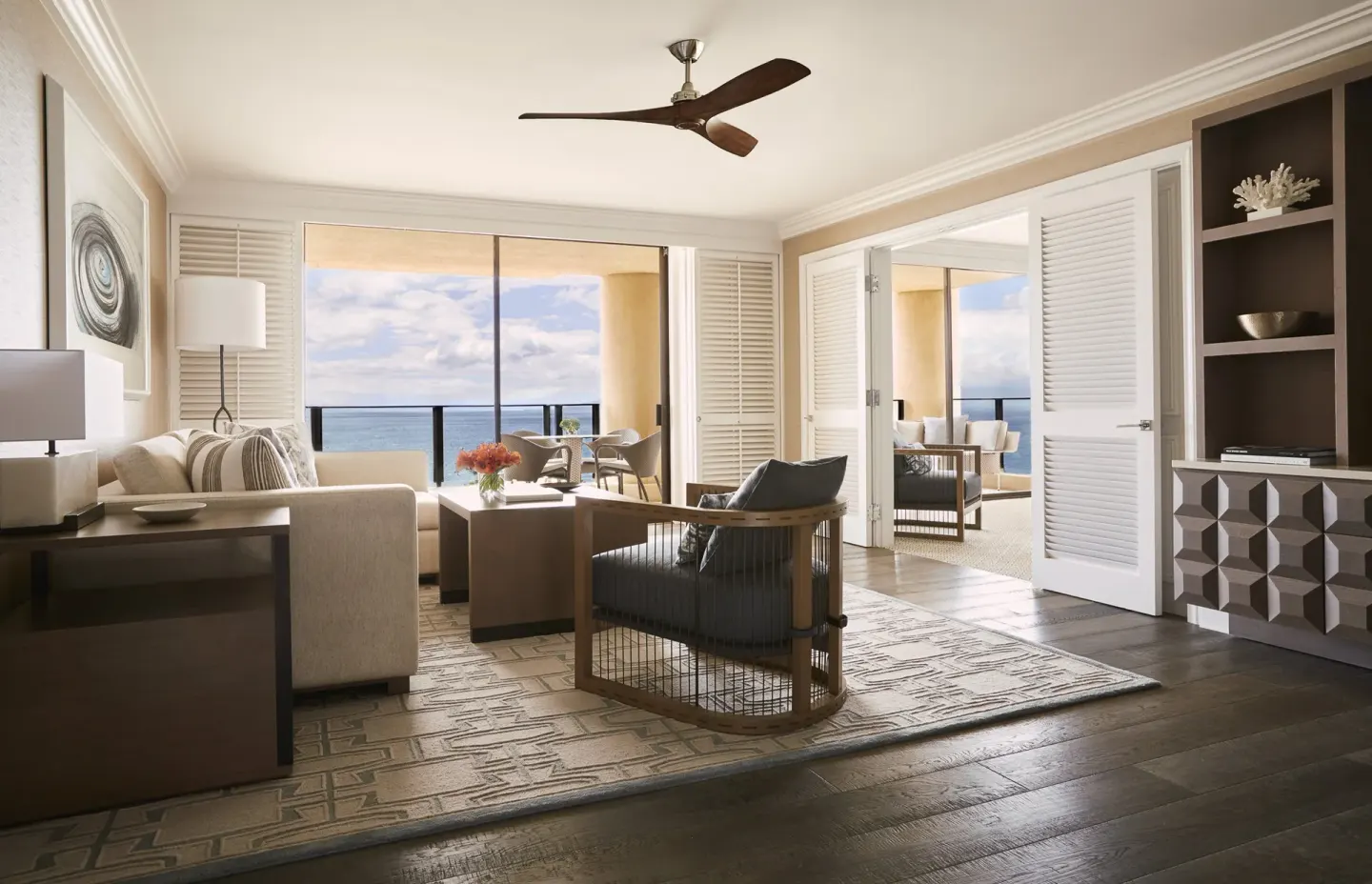 Ocean-view living room in the Ocean Front Prime One Bedroom Suite at Four Seasons Resort Maui at Wailea.