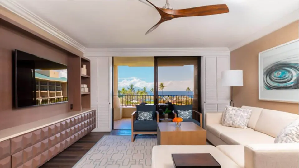 Ocean View Prime Executive Suite living room at Four Seasons Resort Maui at Wailea with balcony and ocean view.