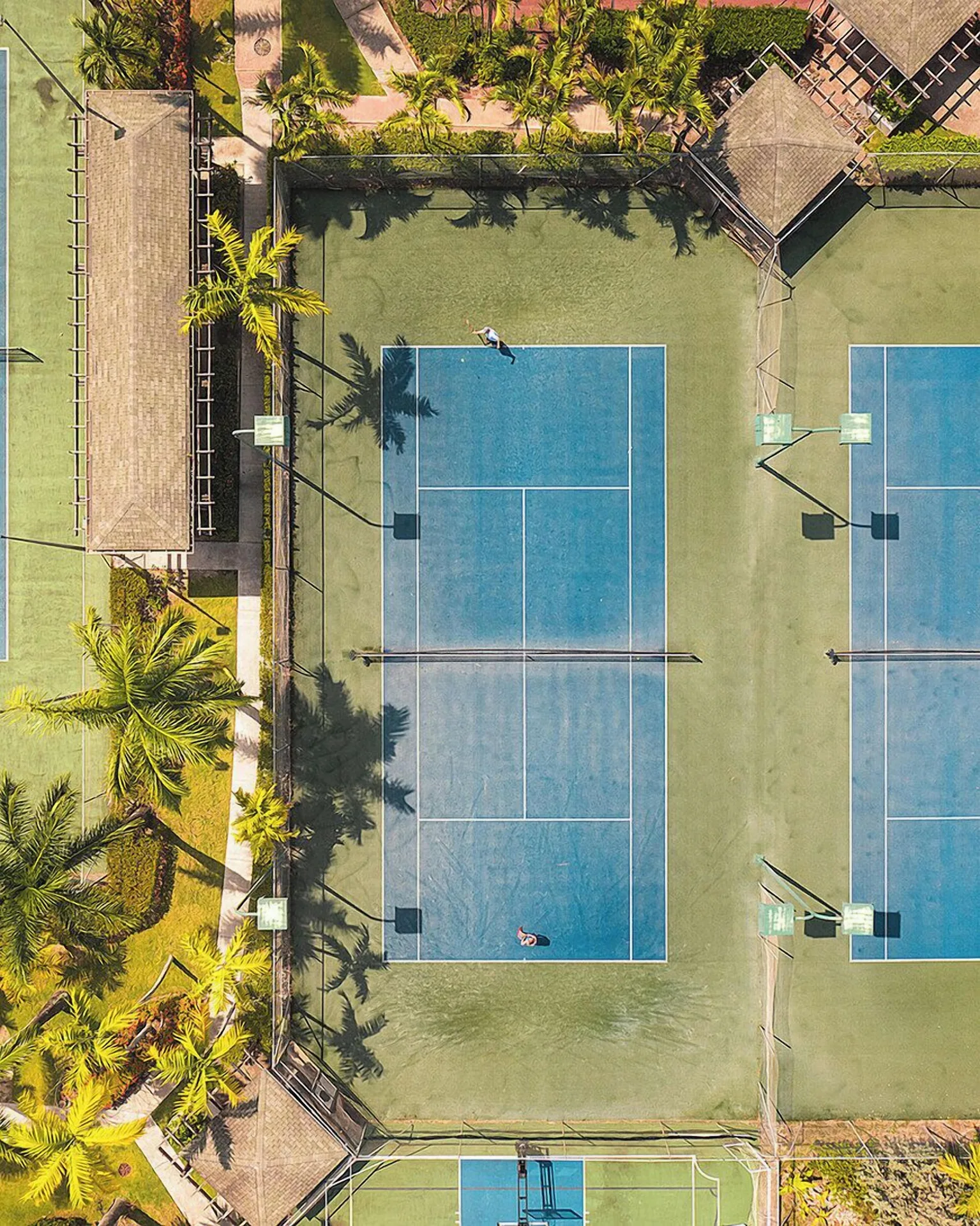Overhead view of tennis courts and palm landscaping at Four Seasons Resort Nevis.