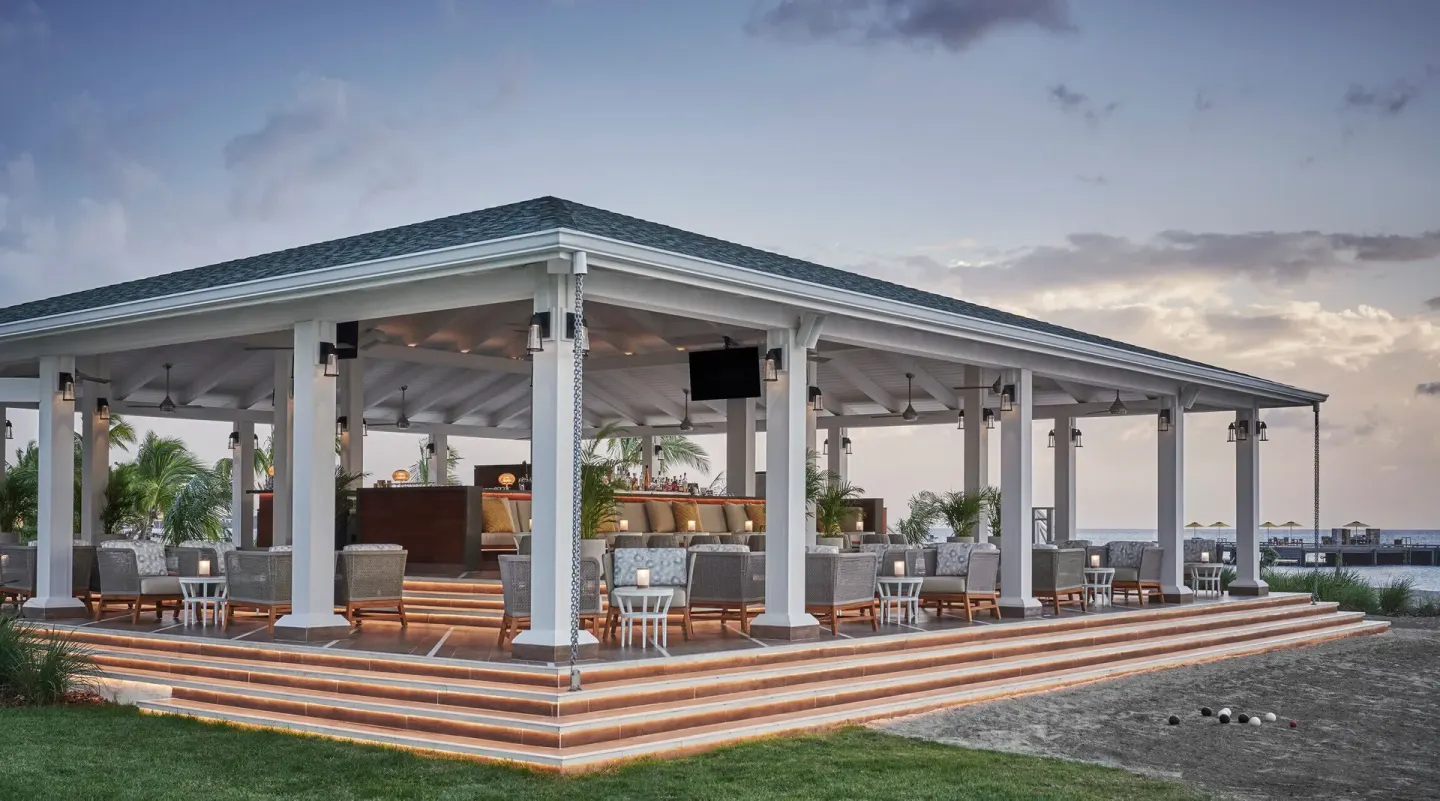 An open-air beach bar pavilion at Four Seasons Resort Nevis.