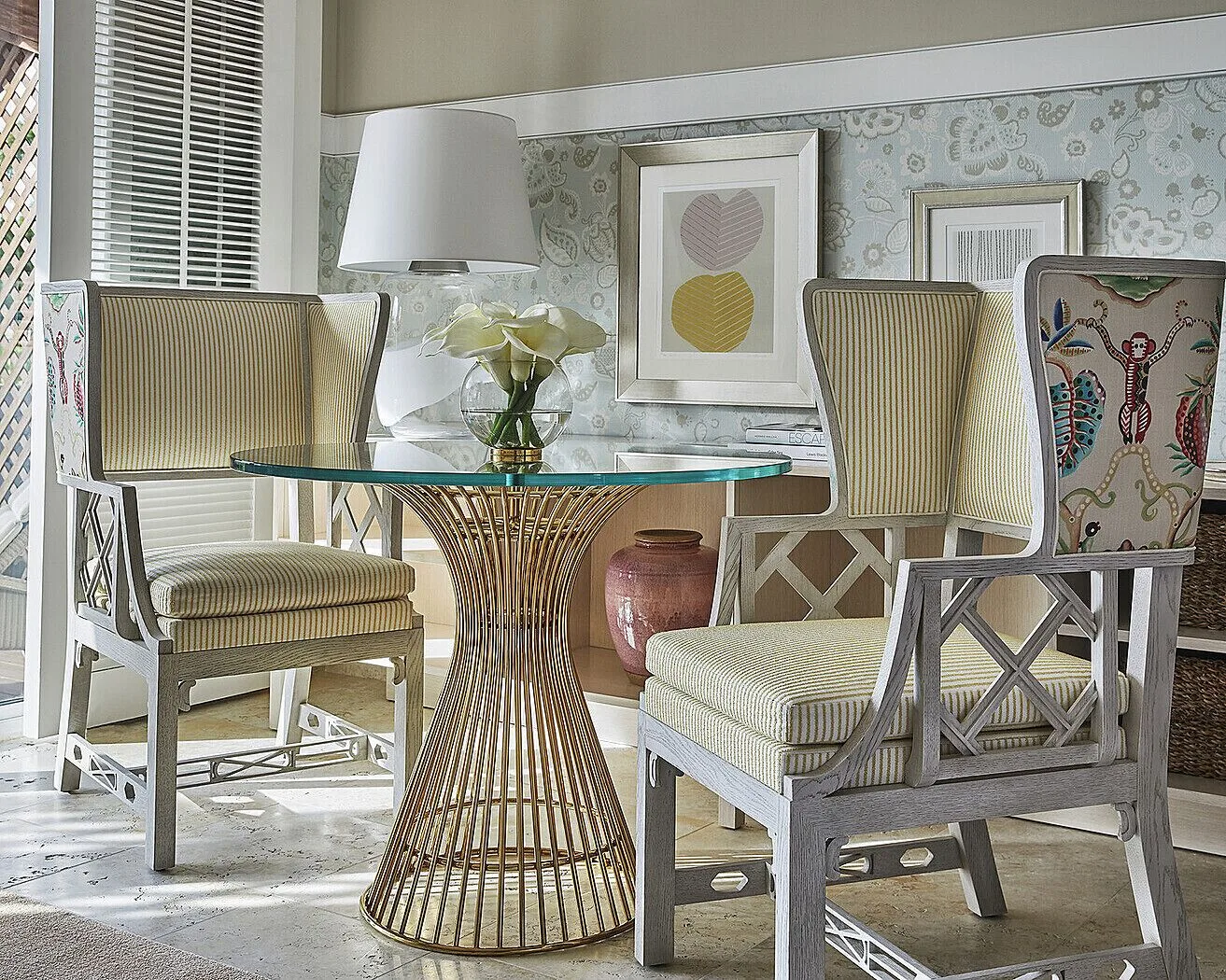 Nevis Peak View room dining table and patterned chairs at Four Seasons Resort Nevis.