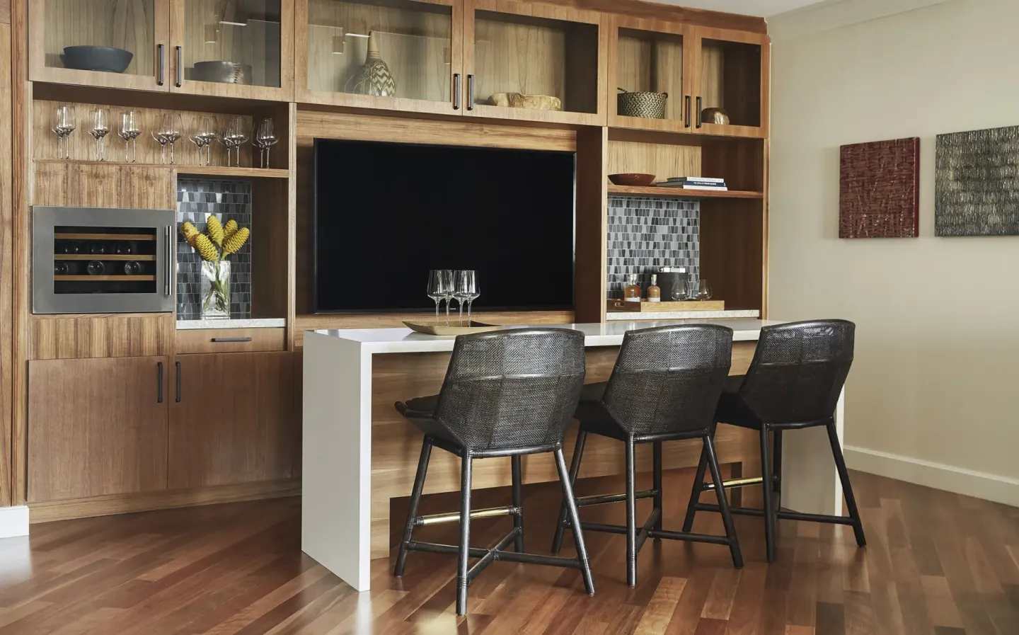 Guest room bar and media wall at Four Seasons Resort Oahu at Ko Olina.