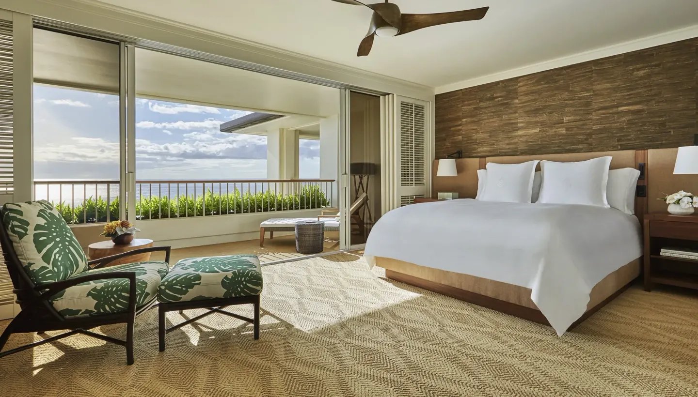 Ocean-view king guest room with lanai at Four Seasons Resort Oahu at Ko Olina.