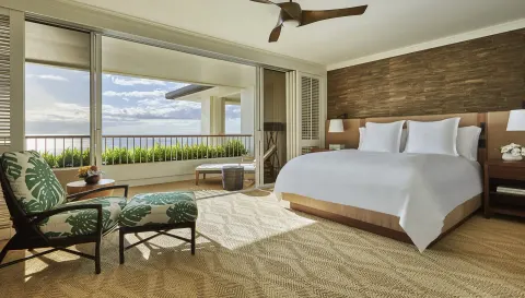 Ocean-view king guest room with lanai at Four Seasons Resort Oahu at Ko Olina.