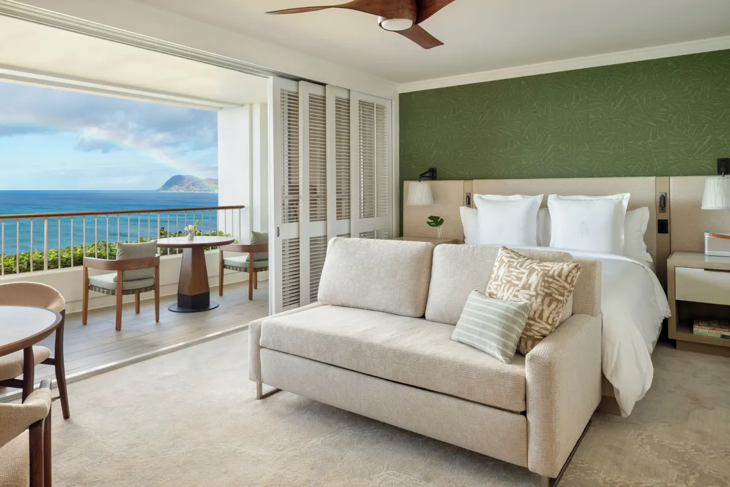 Club Oceanfront Room with king bed and balcony at Four Seasons Resort Oahu at Ko Olina.
