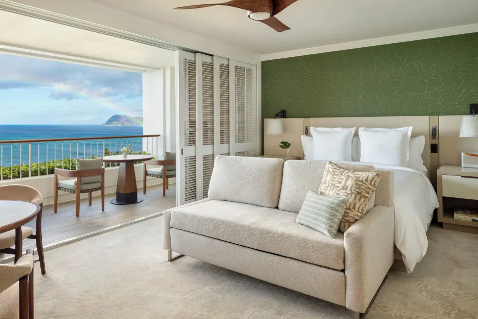 Club Oceanfront Room with king bed and balcony at Four Seasons Resort Oahu at Ko Olina.