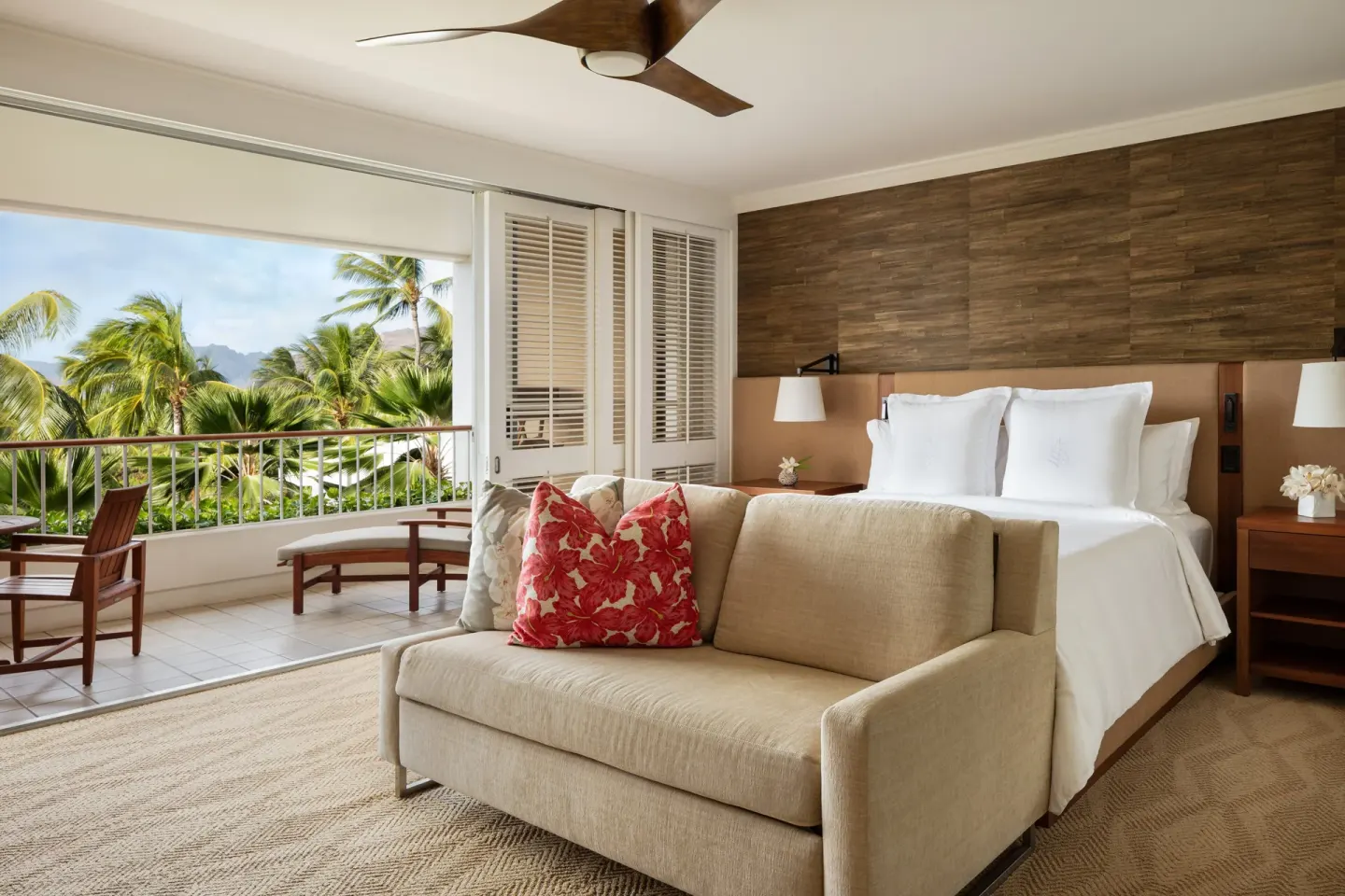 Garden Room with king bed and lanai at Four Seasons Resort Oahu at Ko Olina.