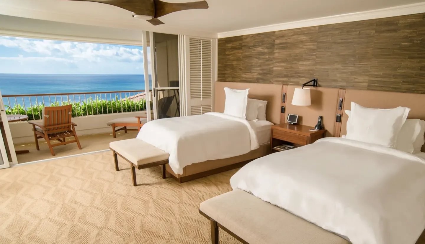 Partial Ocean Room Two with two beds and balcony at Four Seasons Resort Oahu at Ko Olina.