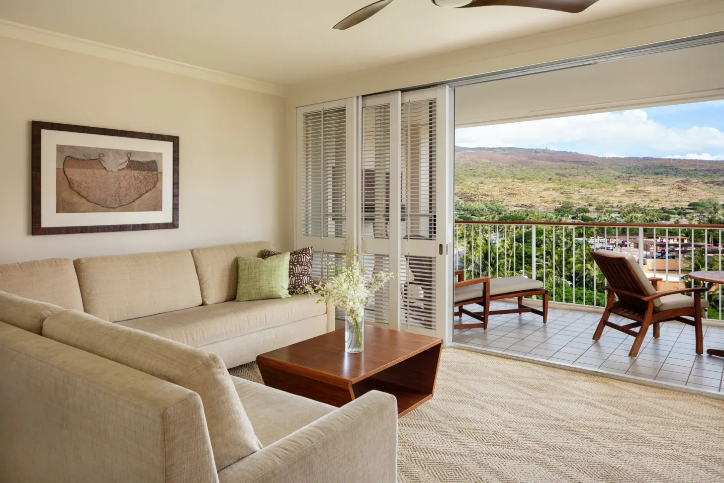 Resort One Bedroom Suite living room and balcony at Four Seasons Resort Oahu at Ko Olina.