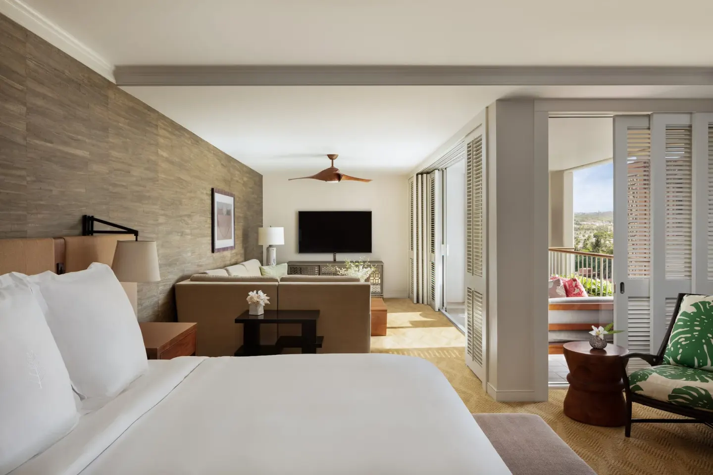 Resort Studio Suite with king bed and balcony at Four Seasons Resort Oahu at Ko Olina.