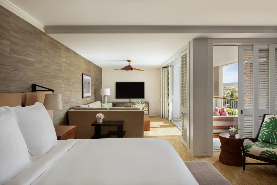 Resort Studio Suite with king bed and balcony at Four Seasons Resort Oahu at Ko Olina.