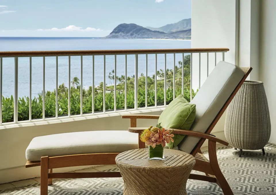 Oceanfront room balcony lounger at Four Seasons Resort Oahu at Ko Olina.