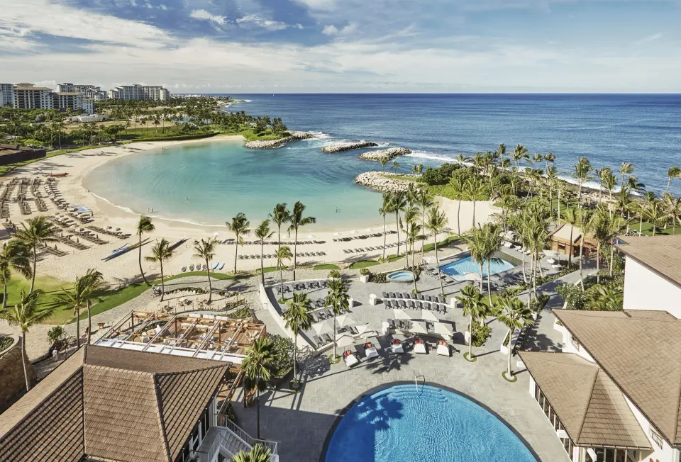 Oceanfront room view of lagoon and pools at Four Seasons Resort Oahu at Ko Olina.