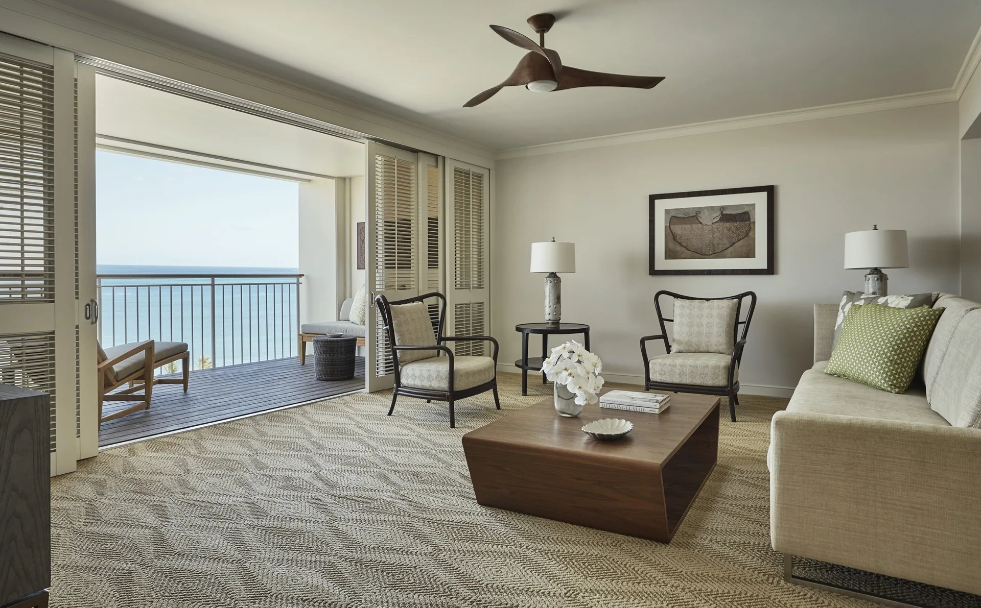 Oceanfront Studio Suite living area and balcony at Four Seasons Resort Oahu at Ko Olina.
