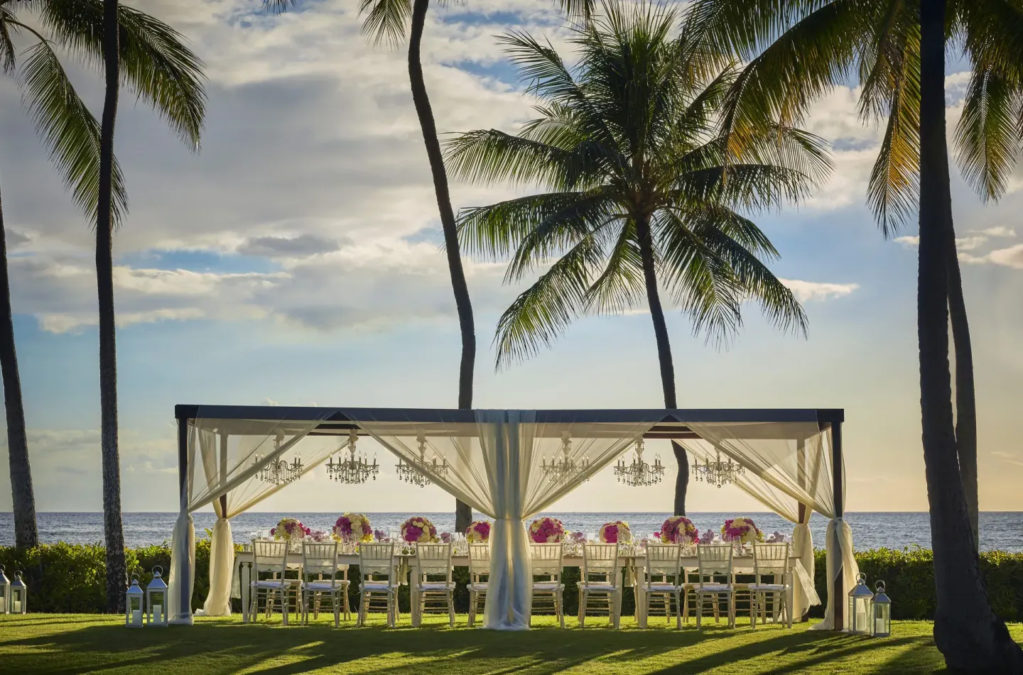 Oceanfront wedding canopy on the lawn at Four Seasons Resort Oahu at Ko Olina.