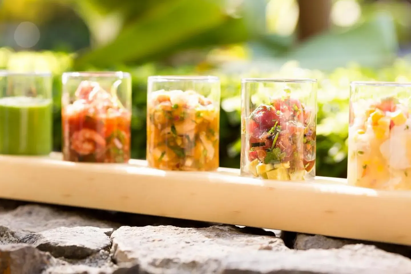 Small seafood tastings in glasses at Four Seasons Resort Peninsula Papagayo, Costa Rica.