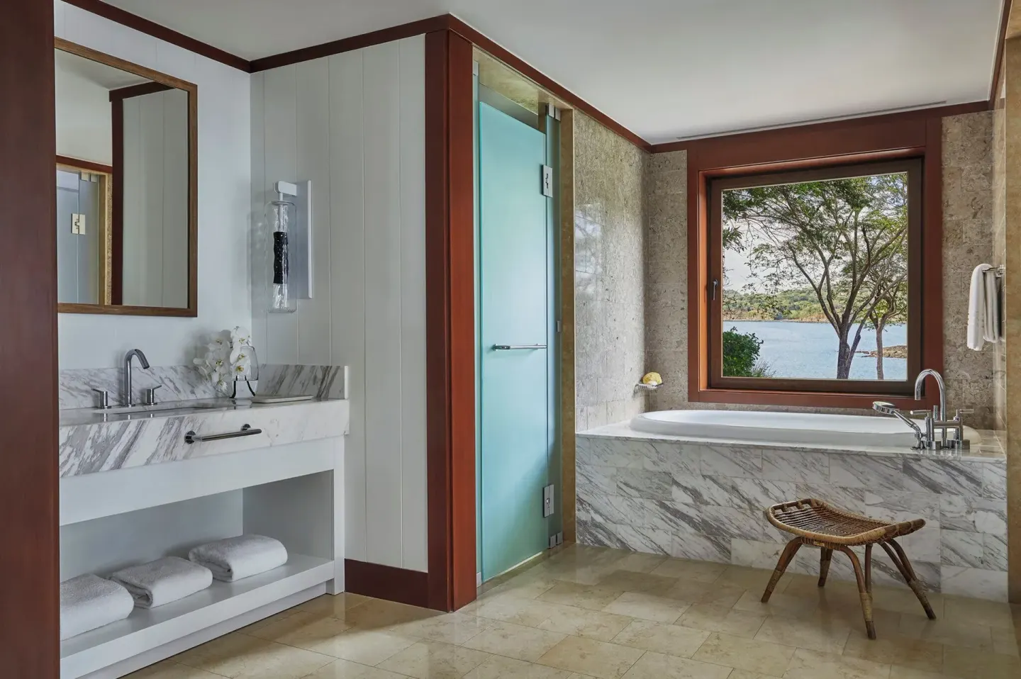 Marble bathroom in the Presidential Suite at Four Seasons Resort Peninsula Papagayo, Costa Rica.