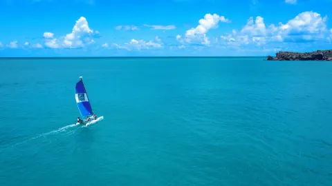 A catamaran sails across turquoise water near Galley Bay Resort & Spa.