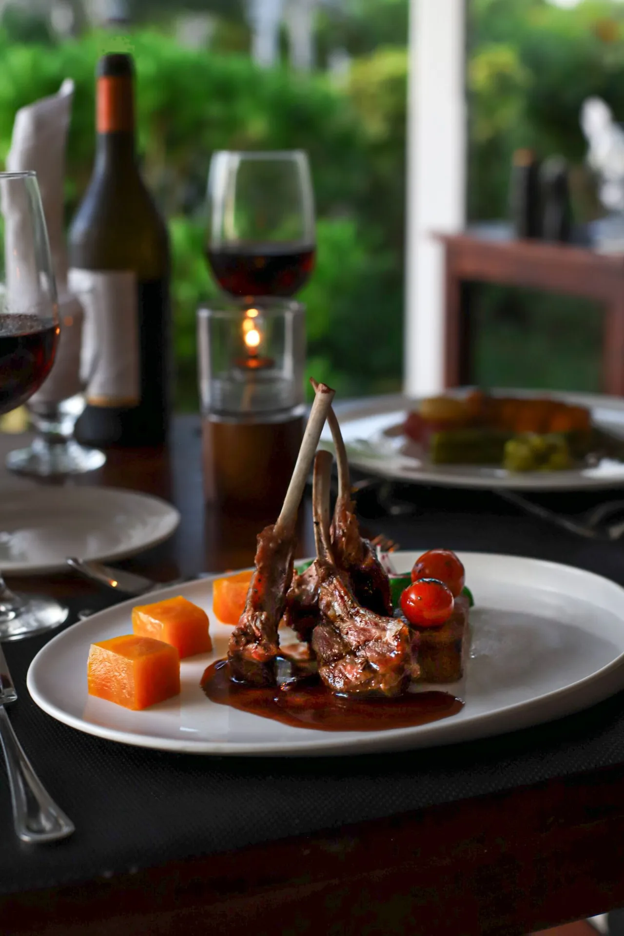 Plated entrée with red wine on a table at Galley Bay Resort & Spa.