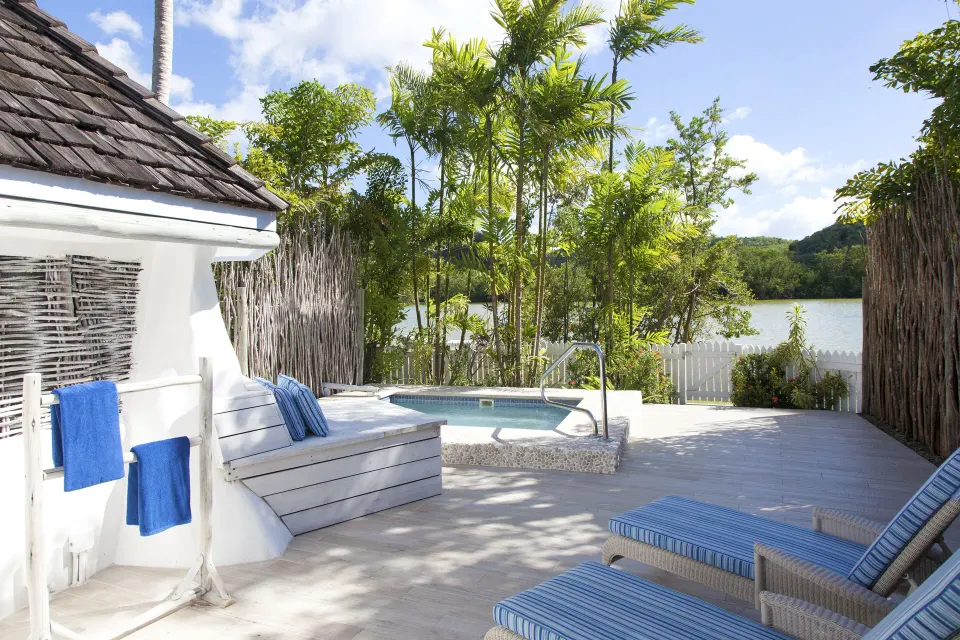 Gauguin Suite private deck with plunge pool at Galley Bay Resort & Spa.