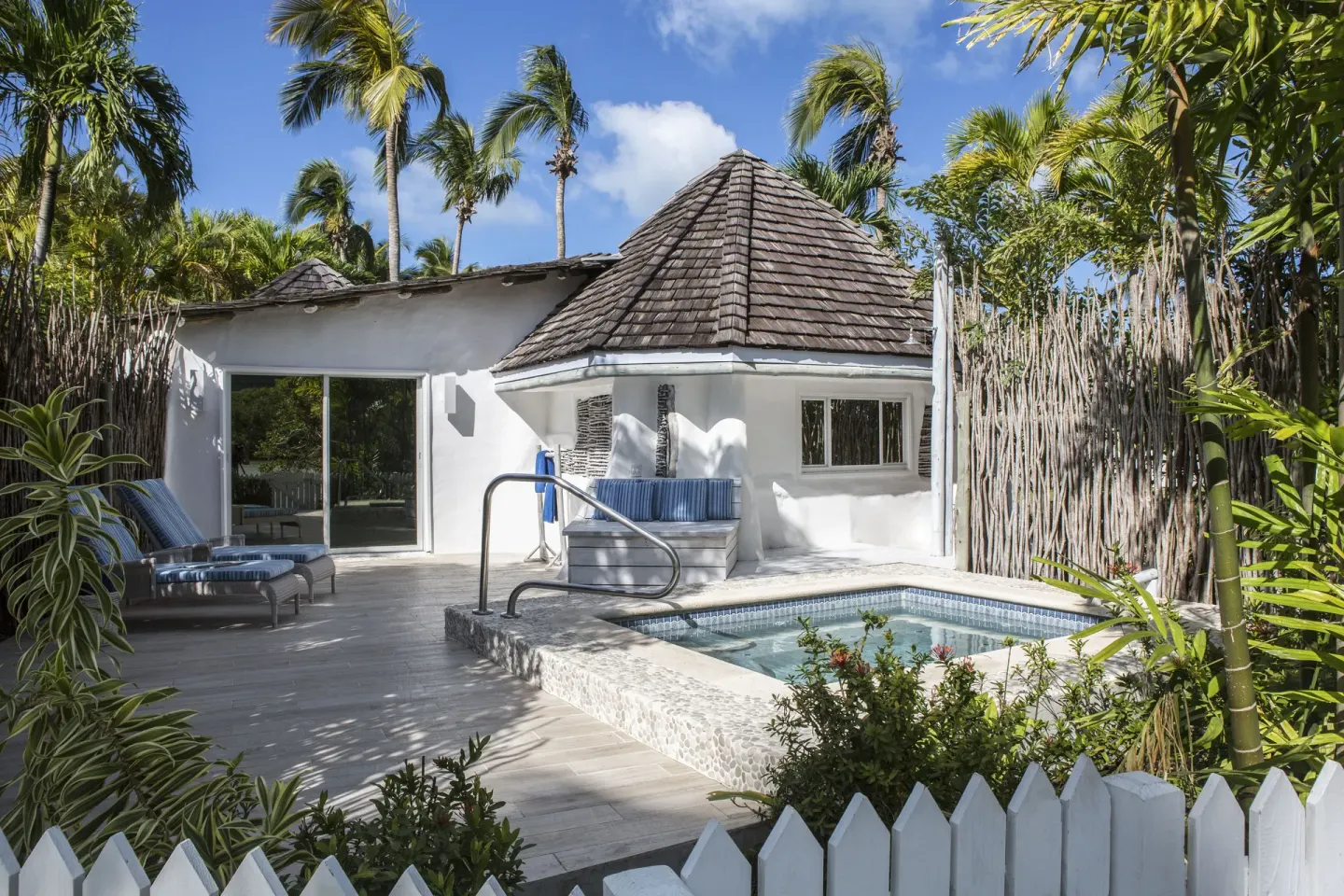Gauguin Suite terrace with plunge pool and loungers at Galley Bay Resort & Spa.