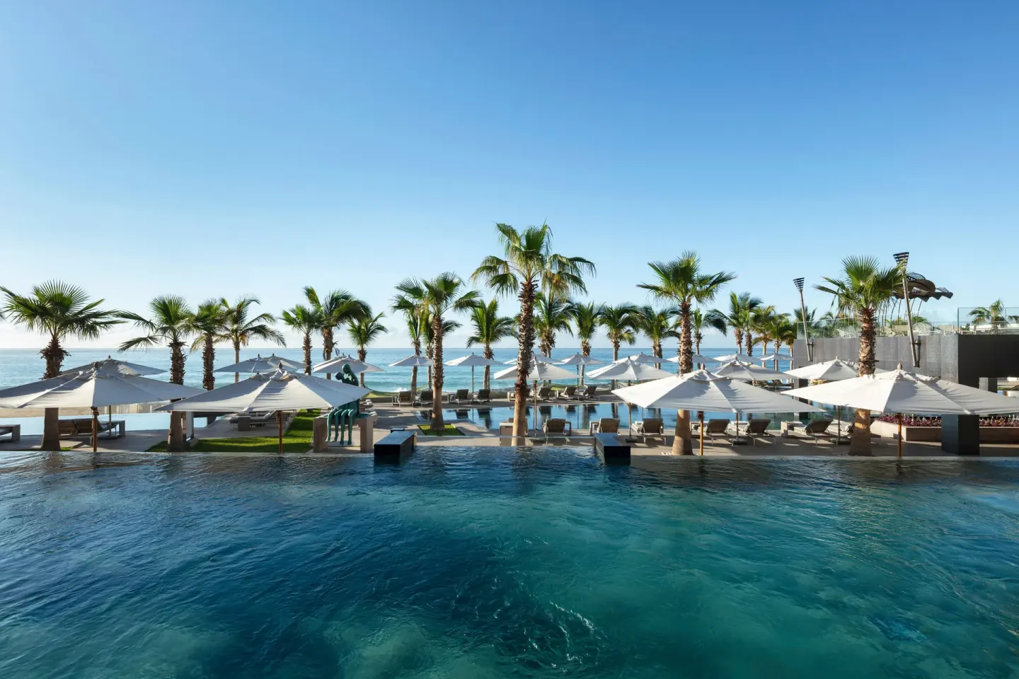 Pool terrace with umbrellas, palms, and ocean horizon at Garza Blanca Los Cabos.