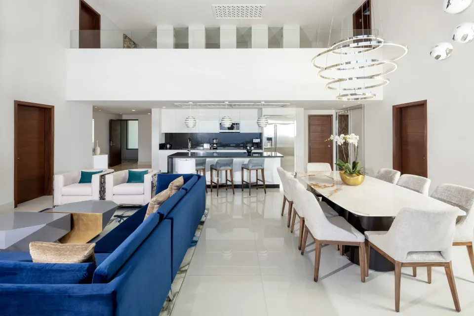 Four Bedroom Loft Ocean View living, dining, and kitchen area at Garza Blanca Los Cabos.