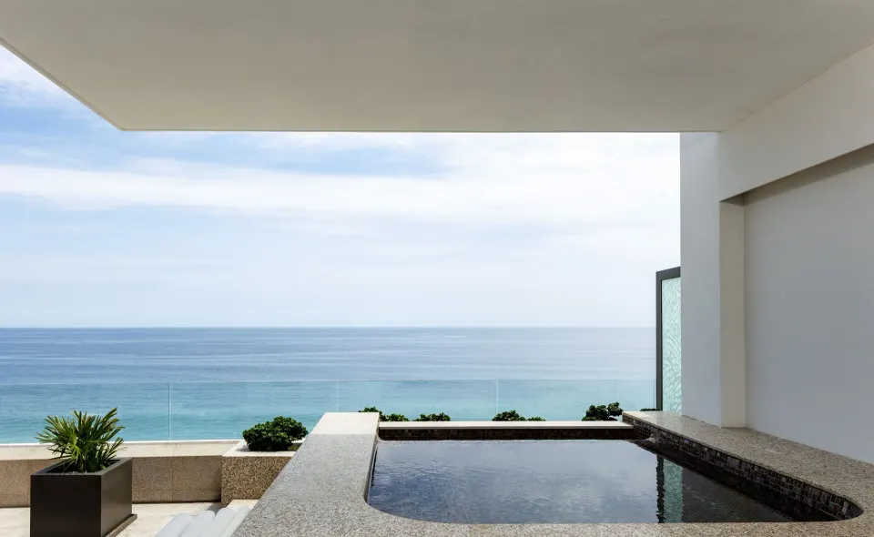 Penthouse plunge pool at Garza Blanca Los Cabos overlooking the ocean from a private terrace.