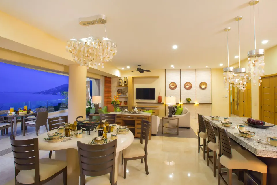 Living and dining area in a 2 Bedroom Suite Panoramic at Garza Blanca Preserve Resort & Spa.