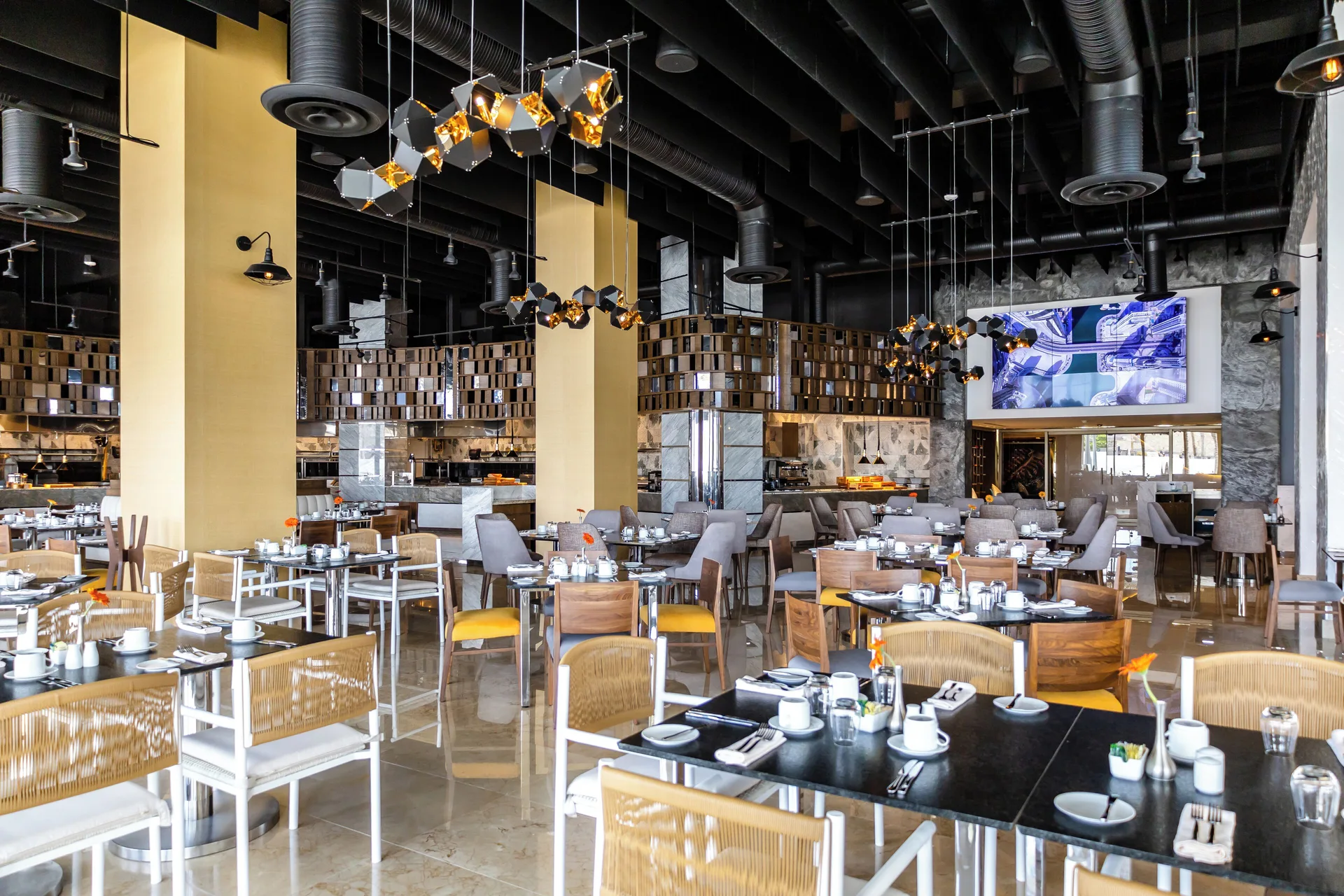 Food hall dining room with open stations at Garza Blanca Resort & Spa Cancun.