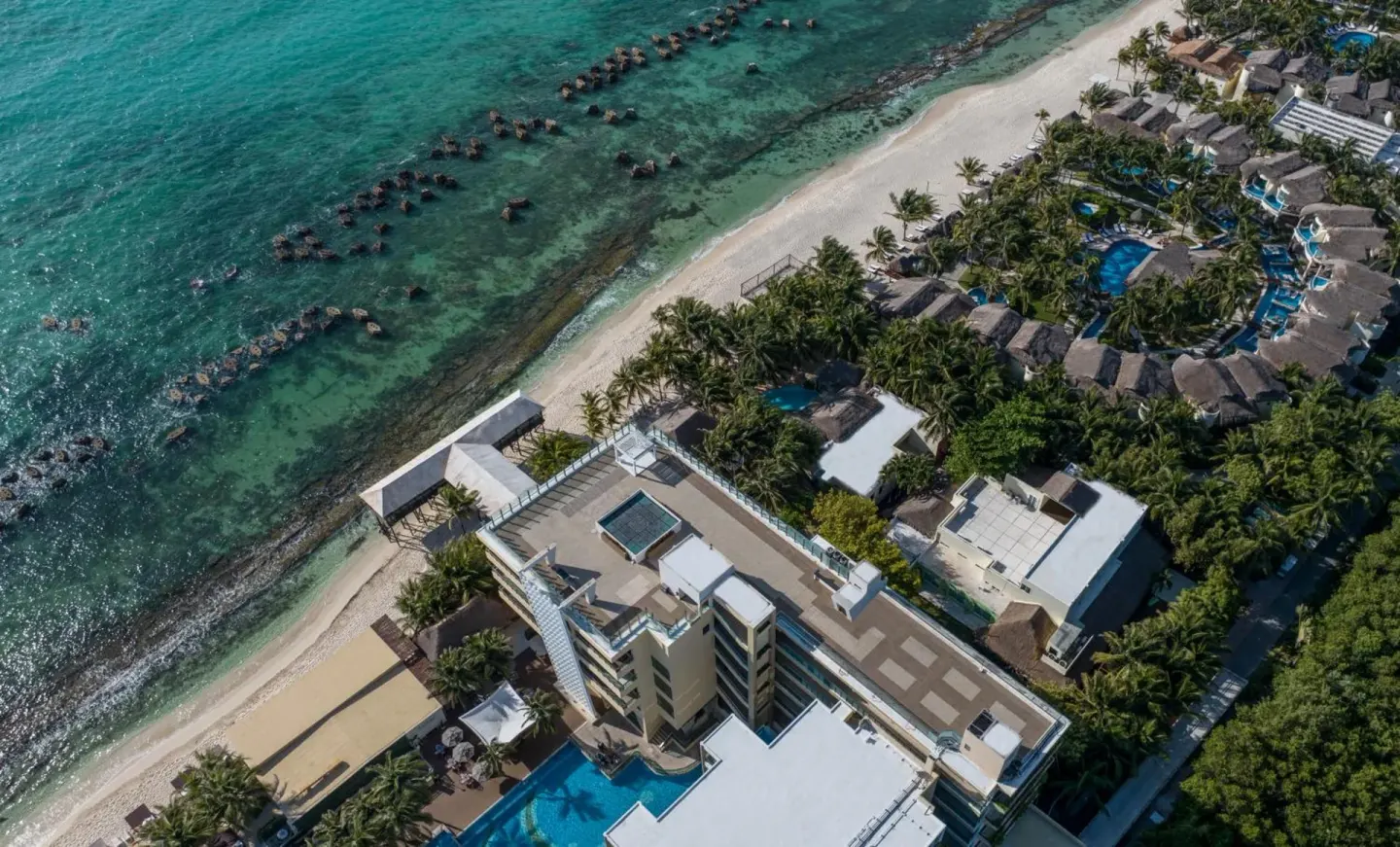 Aerial beachfront view of buildings, pools, palms, and shoreline at Generations Riviera Maya.